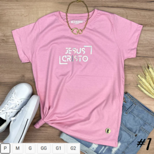 Camiseta Feminina Rosa Jesus Cristo Holográfico