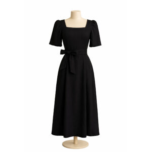 Vestido Midi Preto com Laço na Cintura